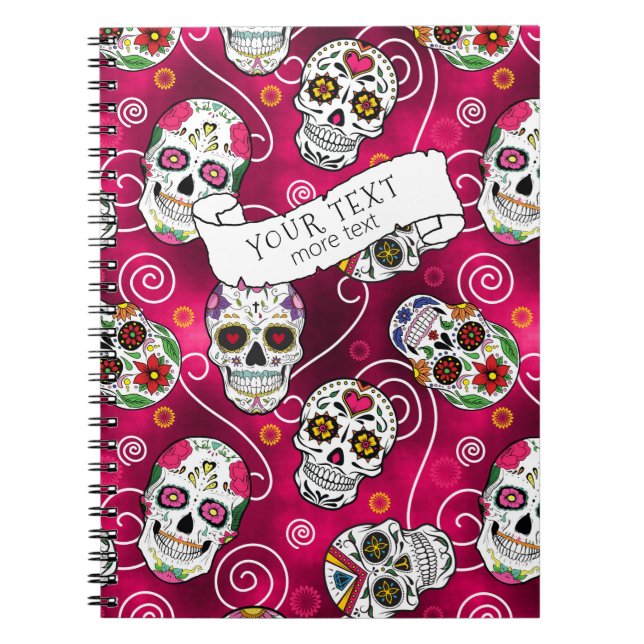 Sugar Skulls and Swirls Rose Red ID725 Notebook (Front)