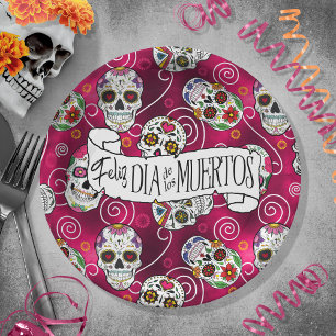 Sugar Skulls and Swirls Rose Red ID725 Paper Plate