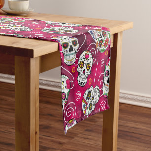 Sugar Skulls and Swirls Rose Red ID725 Short Table Runner