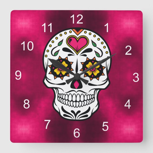 Sugar Skulls and Swirls Rose Red ID725 Square Wall Clock (Front)