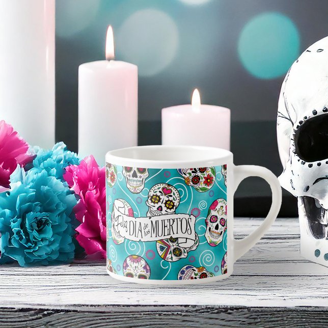 Sugar Skulls and Swirls Rose Turquoise ID725 Espresso Cup (Creator Uploaded)