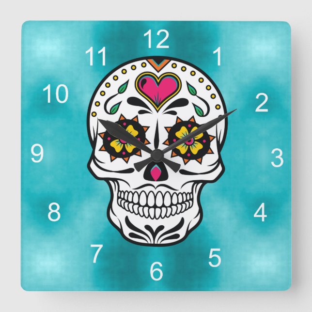 Sugar Skulls and Swirls Rose Turquoise ID725 Square Wall Clock (Front)