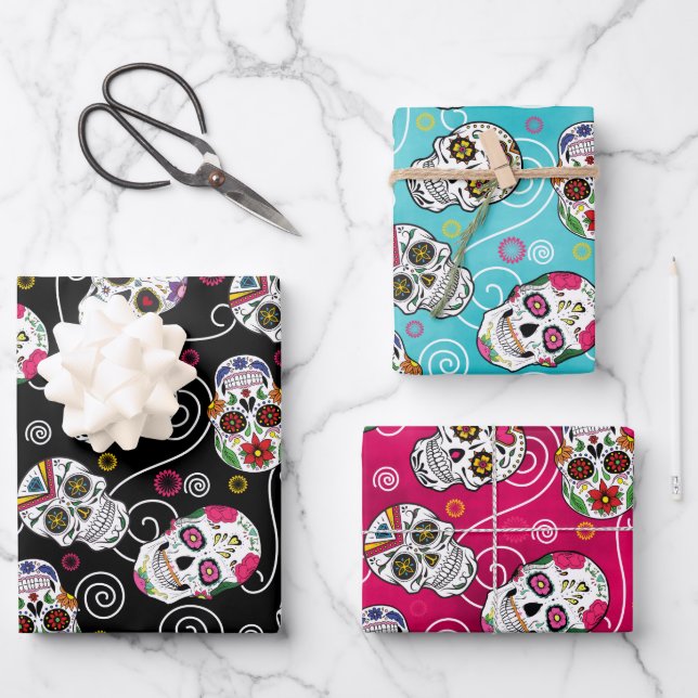 Sugar Skulls and Swirls Three Colours ID725 Wrapping Paper Sheet (Front)