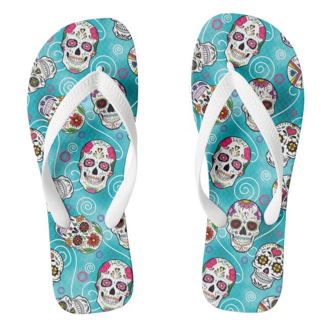 Sugar Skulls and Swirls Turquoise ID725 Jandals (Footbed)