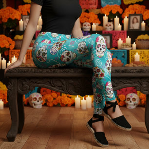 Sugar Skulls and Swirls Turquoise ID725 Leggings
