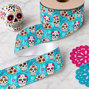 Sugar Skulls and Swirls Turquoise ID725 Satin Ribbon