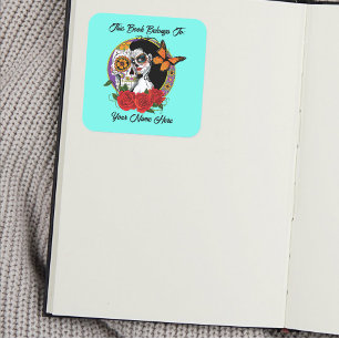 Sugar Skulls Art Nouveau Bookplate Square Sticker
