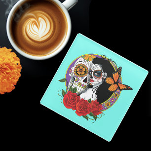 Sugar Skulls Art Nouveau Glass Coaster