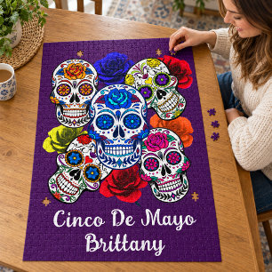 Sugar Skulls Colorful Roses Cinco All Souls Name Jigsaw Puzzle