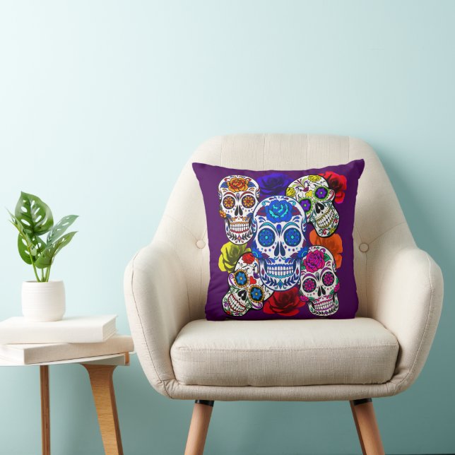 Sugar Skulls Colourful Roses Cinco All Souls Cushion (Chair)
