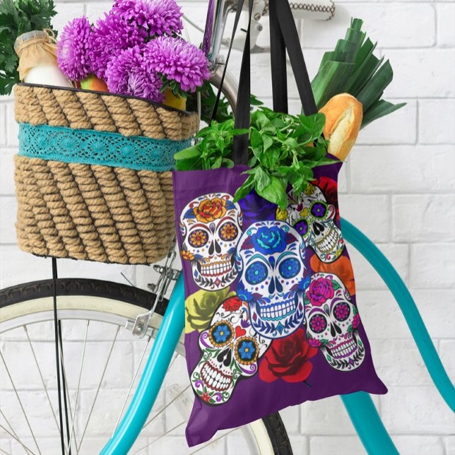 Sugar Skulls Colourful Roses Cinco All Souls Day Tote Bag (Sugar Skulls Colorful Roses Cinco All Souls Day Tote Bag)