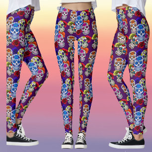 Sugar Skulls Colourful Roses Cinco All Souls Leggings