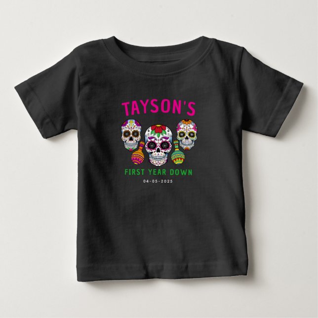 Sugar Skulls Day 1st Birthday Party Colourful Día Baby T-Shirt (Front)