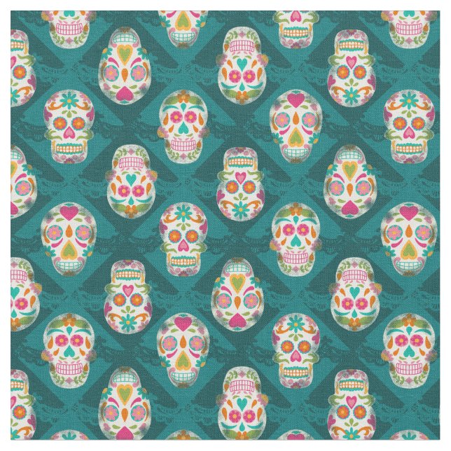 Sugar Skulls Dia De Los Muertos Fabric (Close Up)