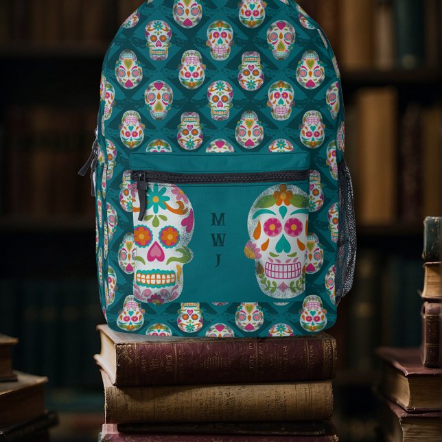 Sugar Skulls Dia De Los Muertos Monogrammed Printed Backpack (Creator Uploaded)