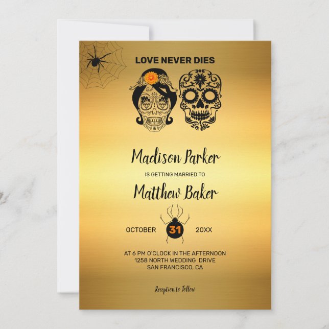 Sugar Skulls Halloween Wedding Invitation (Front)