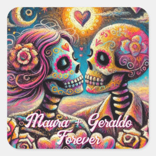 Sugar Skulls in Love Chalk Pastel Personalised Square Sticker