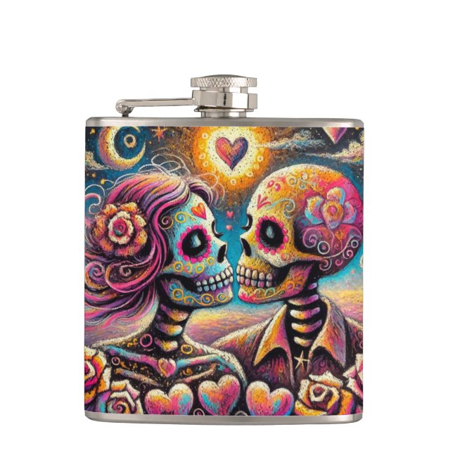 Sugar Skulls in Love Impressionistic Chalk Pastel  Hip Flask (Front)