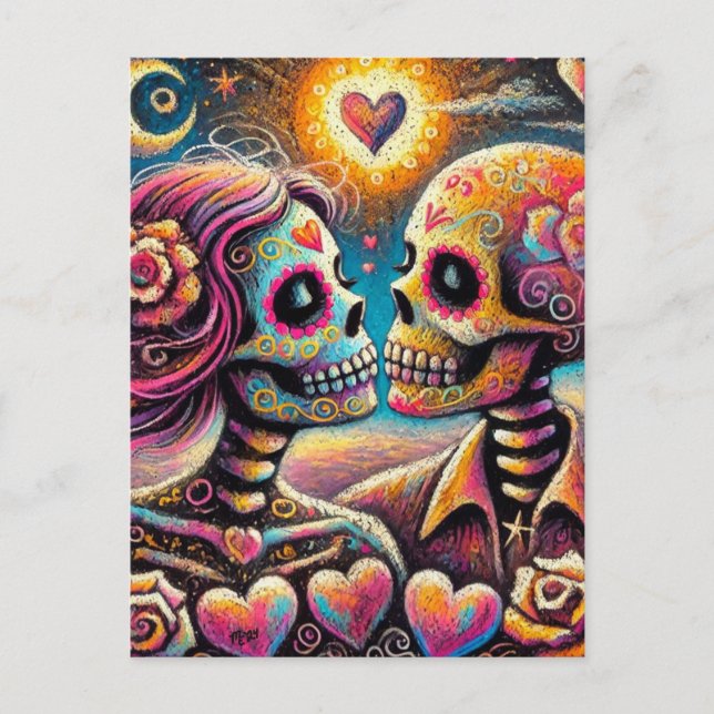 Sugar Skulls in Love Impressionistic Chalk Pastel  Postcard (Front)