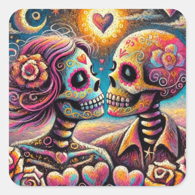 Sugar Skulls in Love Impressionistic Chalk Pastel  Square Sticker (Front)