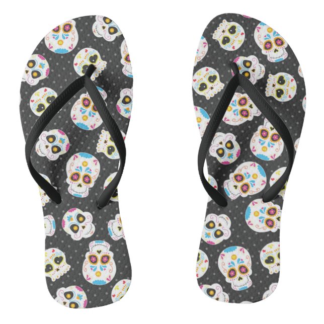 Sugar Skulls on Black with Polka Dots Jandals (Footbed)