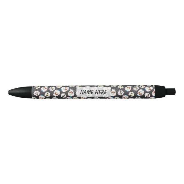 Sugar Skulls on Black with Polka Dots Personalised Black Ink Pen (Front)