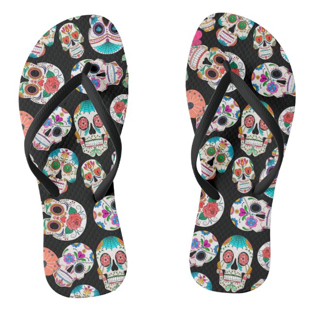 Sugar Skulls Pattern on Black Jandals (Footbed)