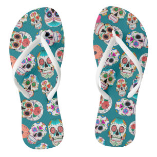 Sugar Skulls Pattern on Teal Jandals