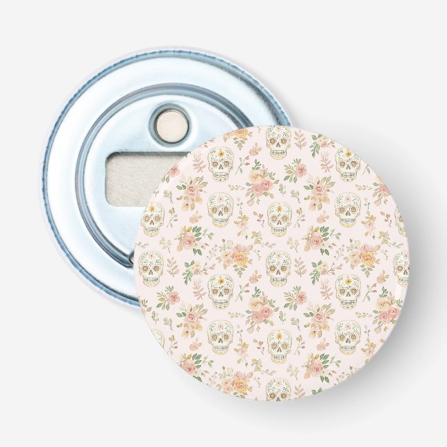 Sugar Skulls Peach Flowers Bottle Opener (Front)
