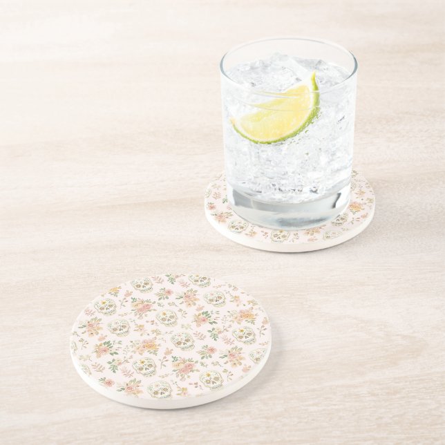 Sugar Skulls Peach Flowers Coaster (Side)