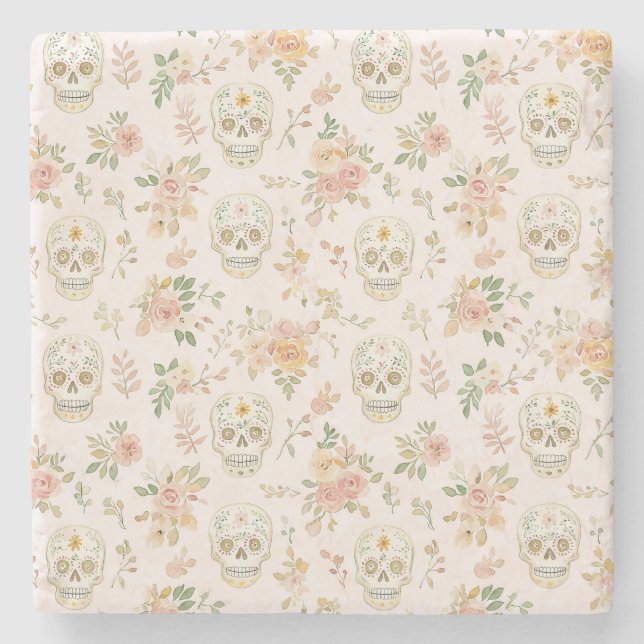 Sugar Skulls Peach Flowers Stone Coaster (Front)