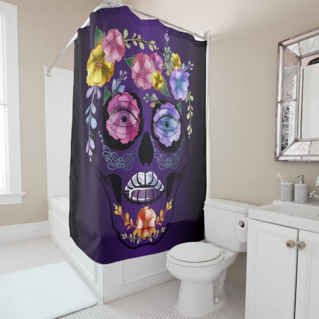 Sugar Skulls Purple Flower Skulls Shower Curtain (In Situ)