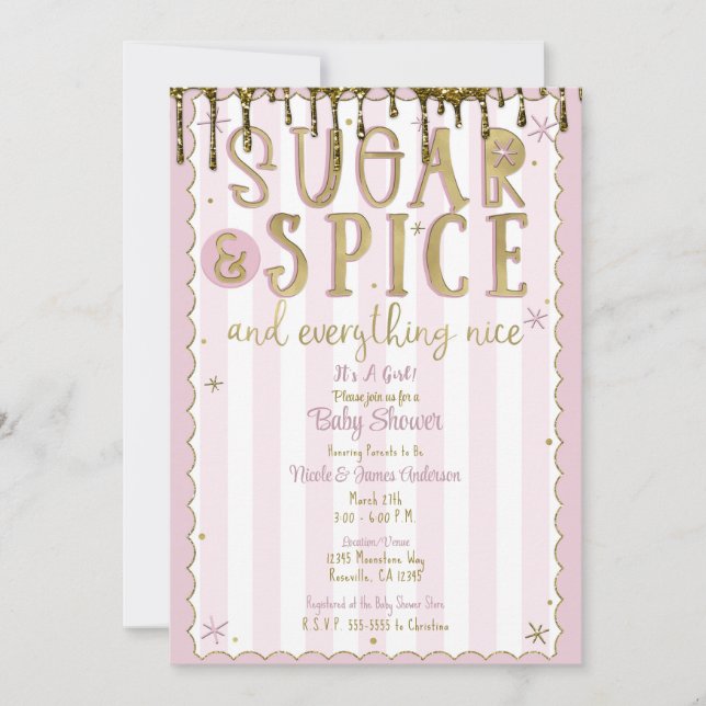 SUGAR & SPICE Gold Glitter Dip Pink Baby Shower Invitation (Front)