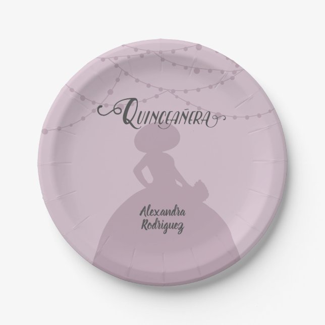 Sugared Plum Purple Charro Silhouette Quinceanera Paper Plate (Front)