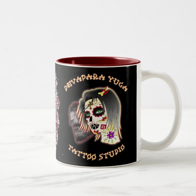 sugarskull lady, sugar skull deva, sword heart Two-Tone coffee mug (Right)