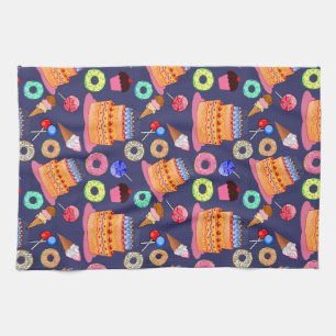 Sugary Delights: Cute Pastry Themed Pattern  Tea Towel