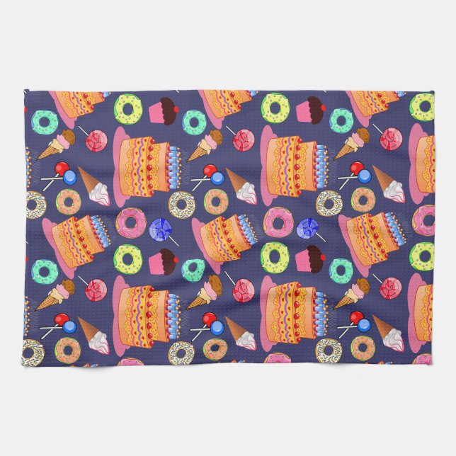 Sugary Delights: Cute Pastry Themed Pattern  Tea Towel (Horizontal)