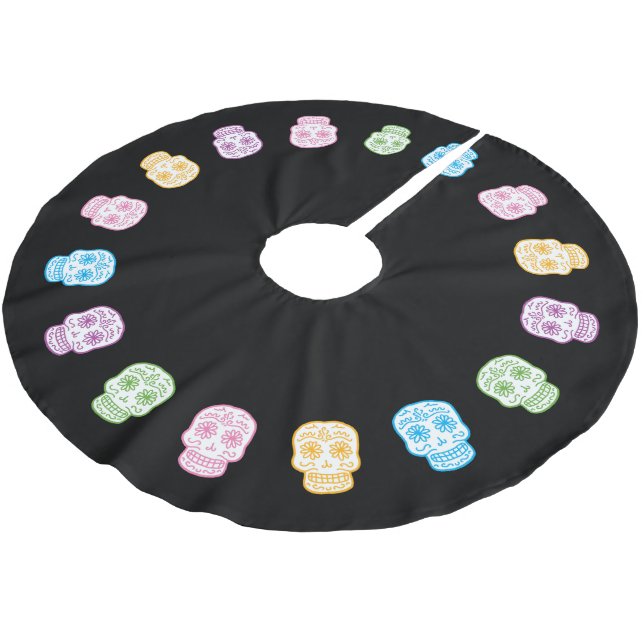Sugary Skulls On Black Brushed Polyester Tree Skirt (Angled)