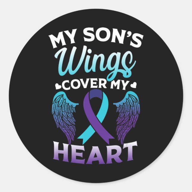 Suicide Awareness Memory of Son Wings Cover Heart  Classic Round Sticker (Front)