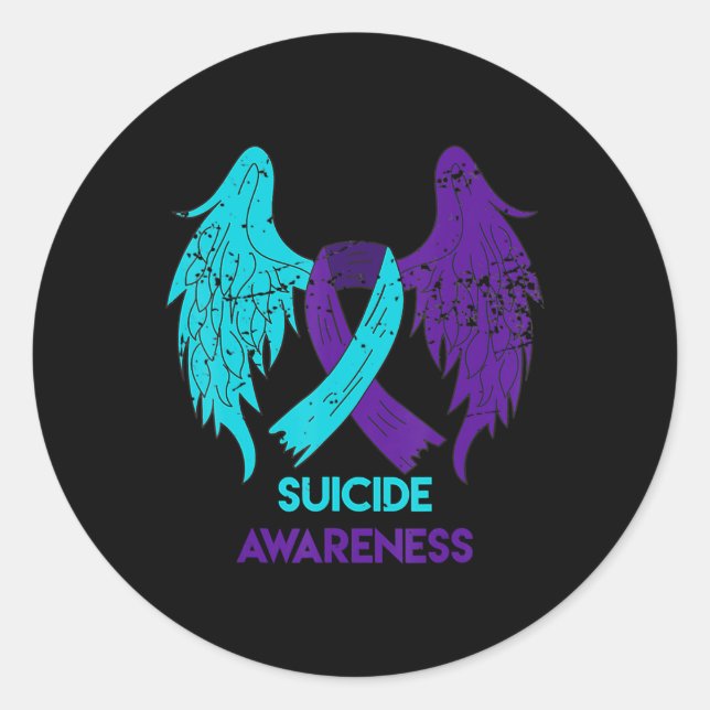 Suicide Awareness  Wings And Ribbon Teal And Purpl Classic Round Sticker (Front)