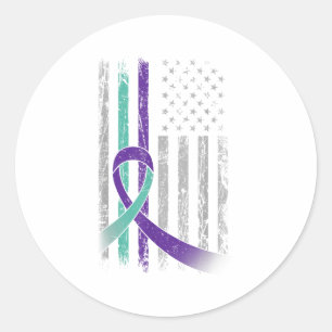 Suicide Prevention Awareness America Flag Teal Pur Classic Round Sticker