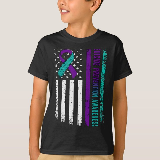 Suicide Prevention Awareness American Flag Ribbon  T-Shirt (Front)