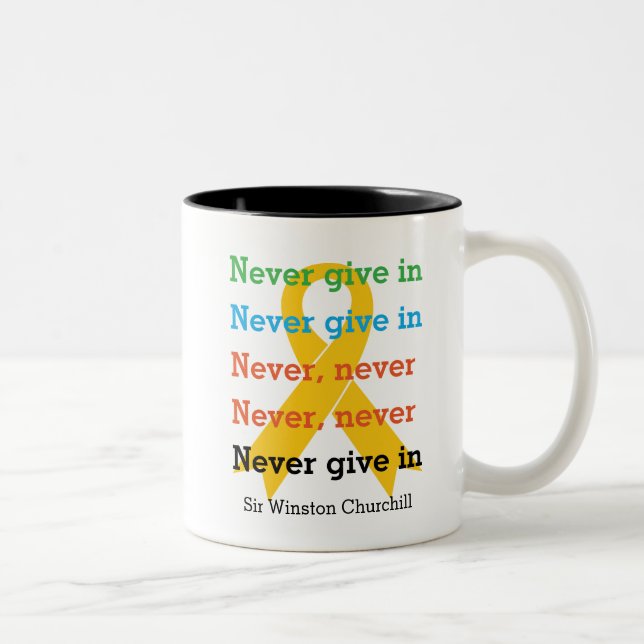 Suicide Prevention NEVER GIVE IN Churchill Quote Two-Tone Coffee Mug (Right)