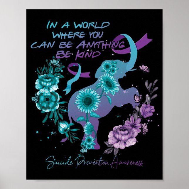 Suicide Prevention Sunflower Elephant Teal Purple Poster (Front)