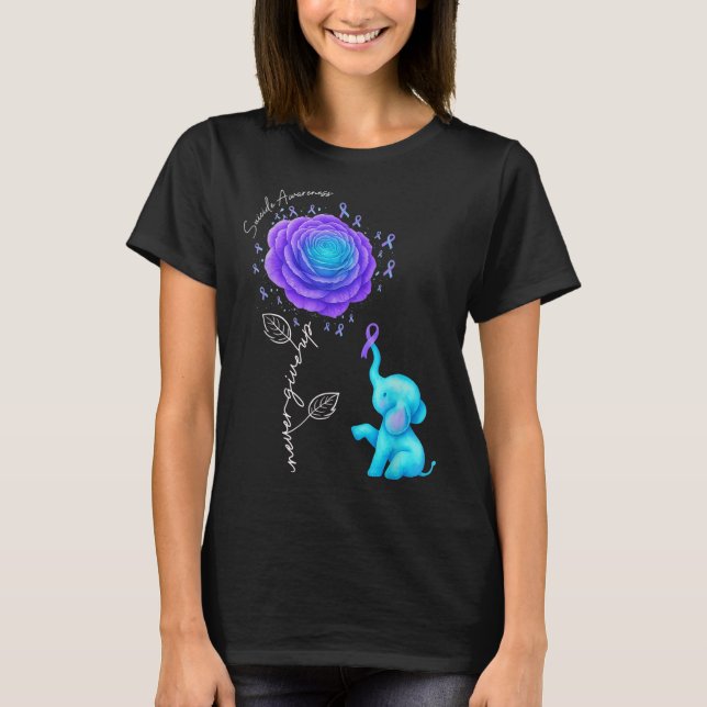 Suicide Prevention Teal Purple Flower Elephant Rib T-Shirt (Front)