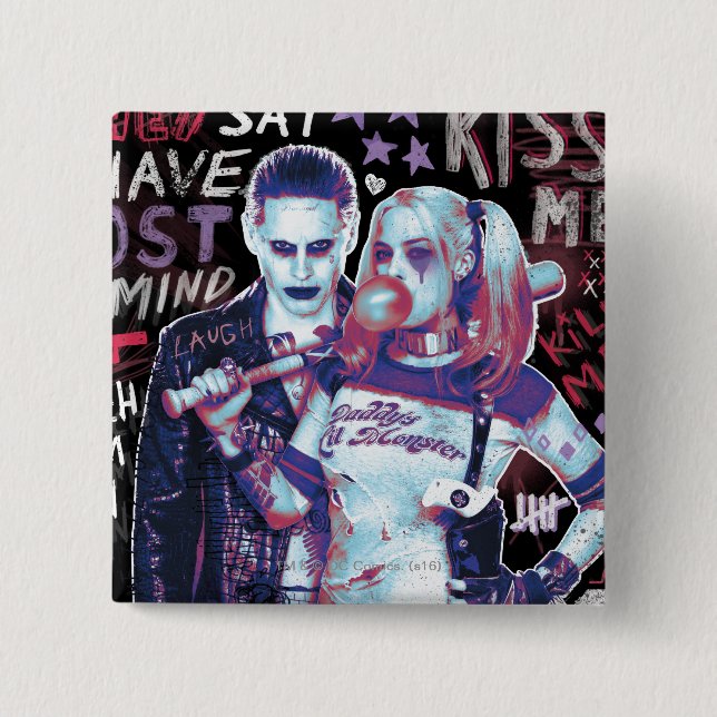 Suicide Squad | Joker & Harley Typography Photo 15 Cm Square Badge (Front)