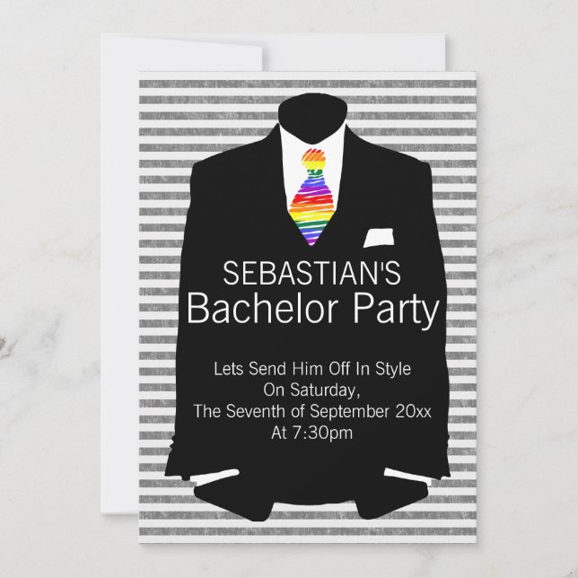 Suit and Rainbow Tie Gay Bachelor Party Invitation (Front)