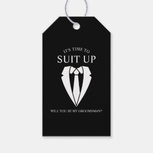"SUIT UP" Black Suit and Tie Groomsman Proposal Gift Tags