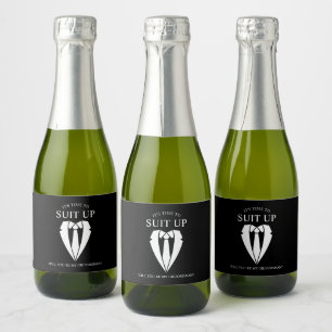 "SUIT UP" Black Suit and Tie Groomsman Proposal Sparkling Wine Label