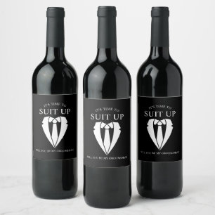 "SUIT UP" Black Suit and Tie Groomsman Proposal Wine Label